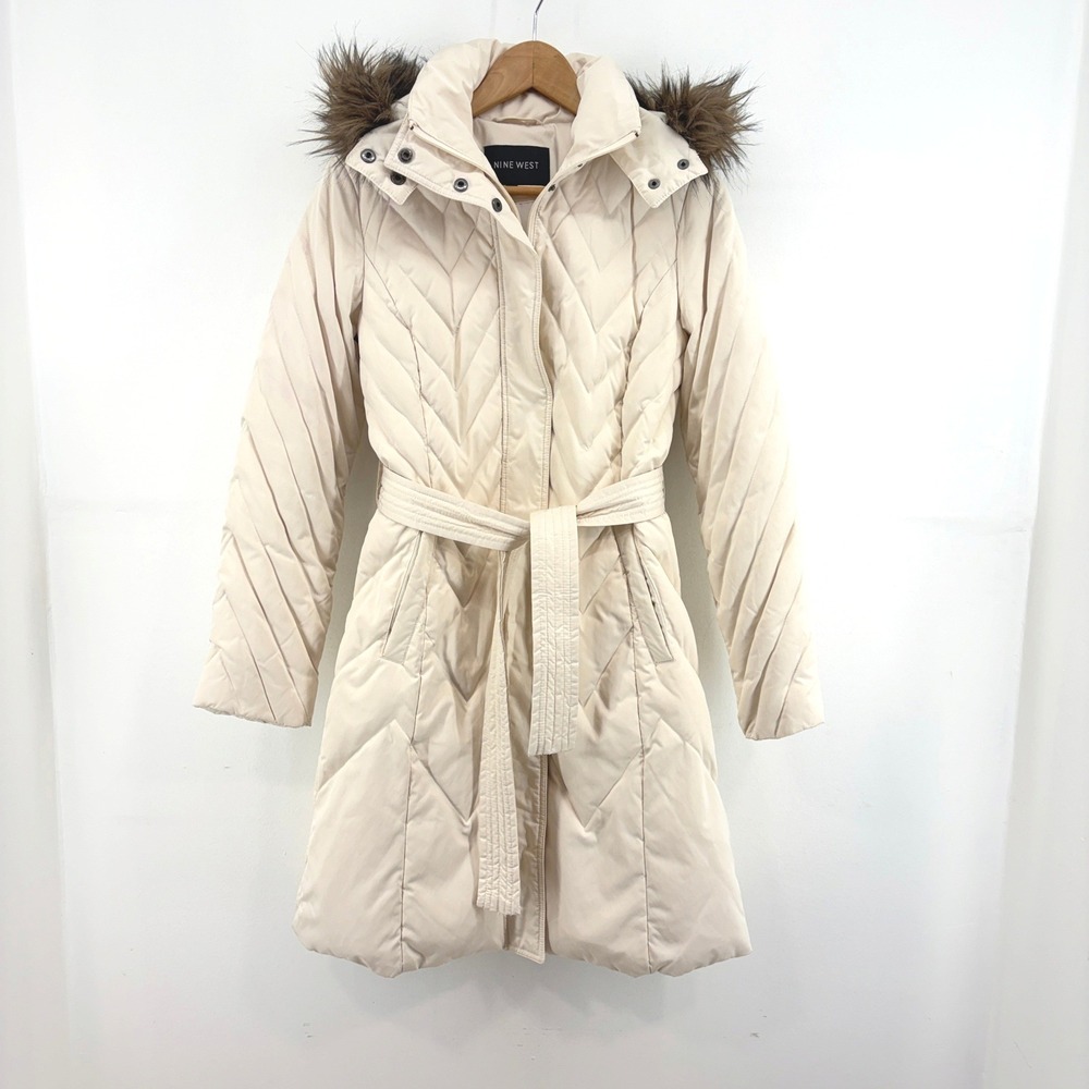 Nine West Womens Cream Quilted Down Puffer Coat Faux Fur Hood S Belted Long